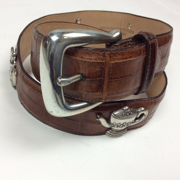 VTG 90s Y2K Talbots Teapots Croc Embossed Leather Belt Made in USA Novelty M - Picture 1 of 9